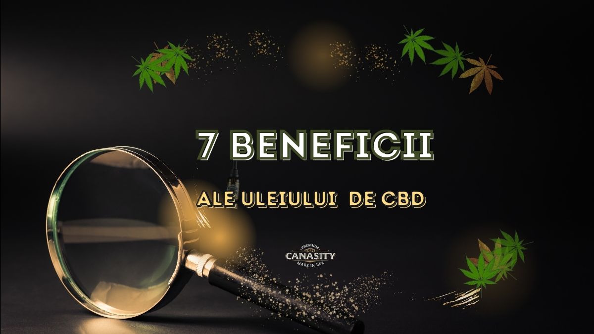 O sticlă de ulei de CBD într-un cadru natural, înconjurată de icoane care simbolizează diversele sale utilizări (somn, durere, anxietate).