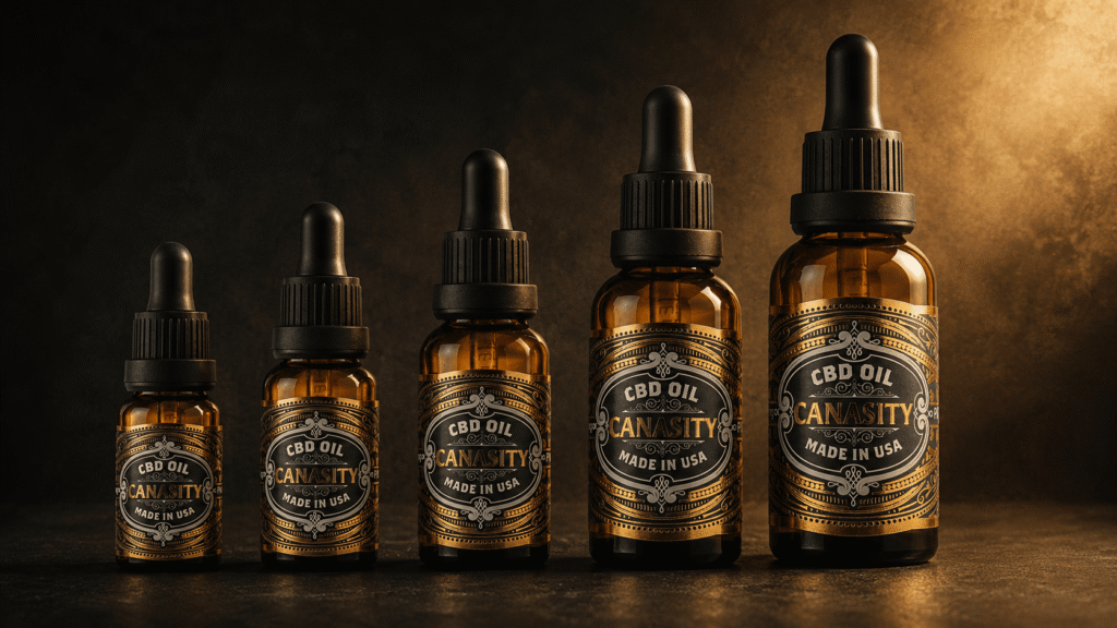 Five Canasity CBD oil bottles ascending in size under growing golden light — strengths from 10% to 40%