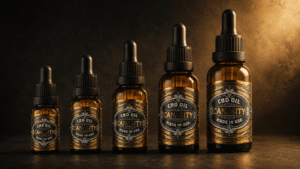 Five Canasity CBD oil bottles ascending in size under growing golden light — strengths from 10% to 40%