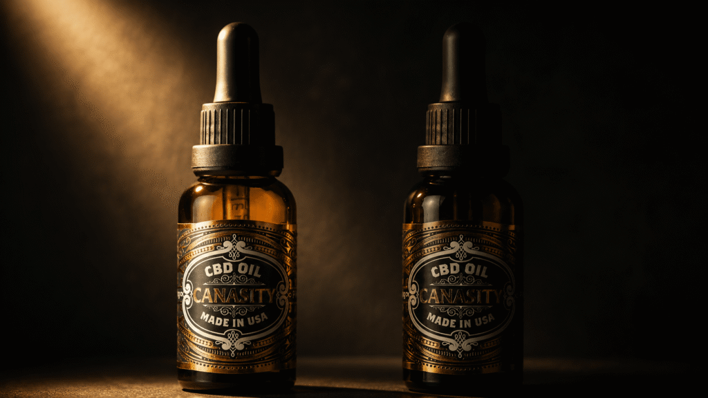 Canasity CBD oil bottle in warm gold light beside a second bottle falling into shadow — CBD vs THC