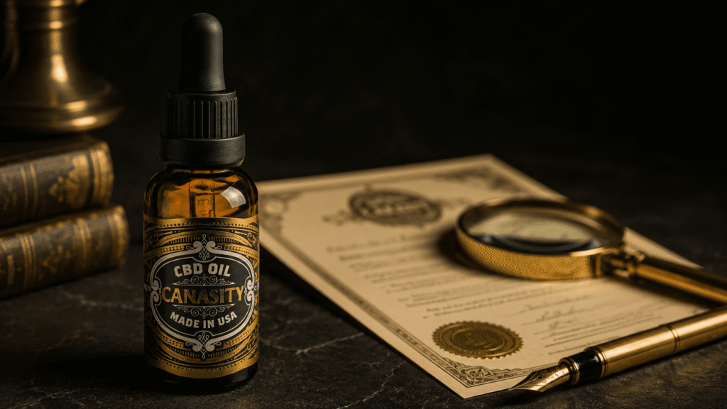 CBD certificate of analysis on dark stone with a Canasity CBD oil bottle, gold pen and magnifying glass