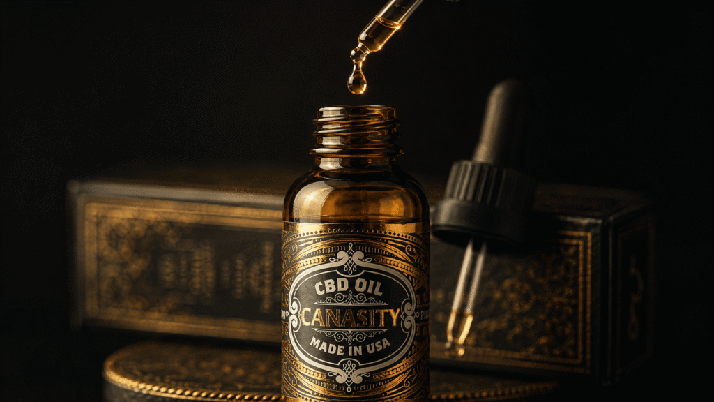Macro of a glass pipette above a Canasity CBD oil bottle with a single golden drop suspended mid-air