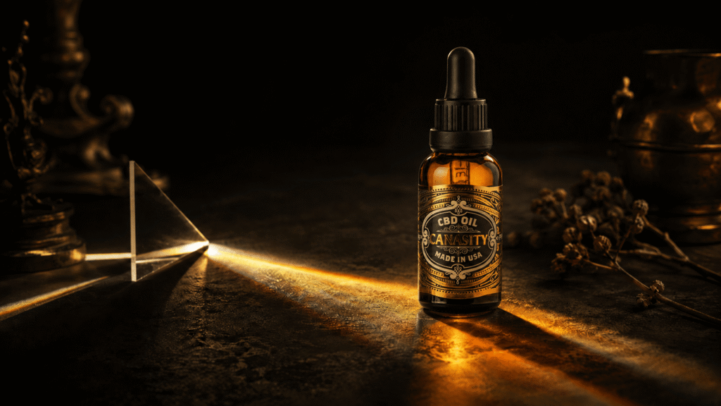 Canasity broad-spectrum CBD oil bottle in a beam of light split into a golden spectrum by a glass prism